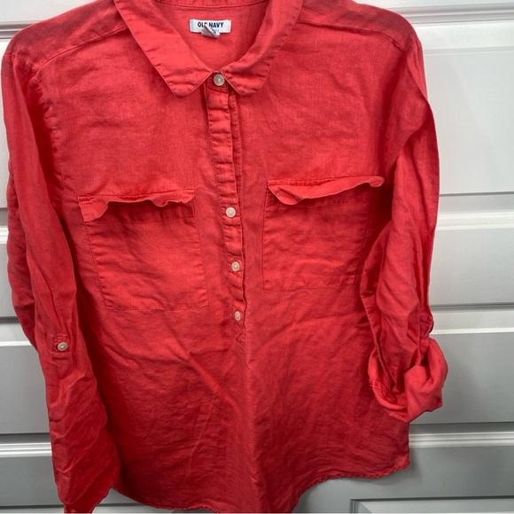 Old Navy Linen Blouse Minimalist Quarter Button Cuffed Sleeve XL Rebellion Red - Picture 5 of 8